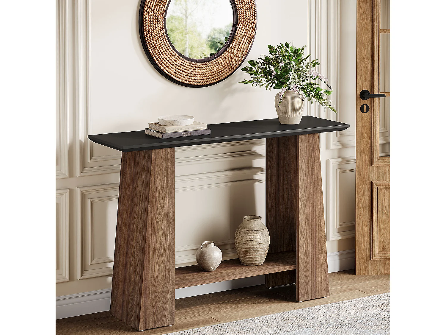 Mesa de consola para entrada, mesa de sofá de madera estrecha moderna de 2 niveles de 120 cm