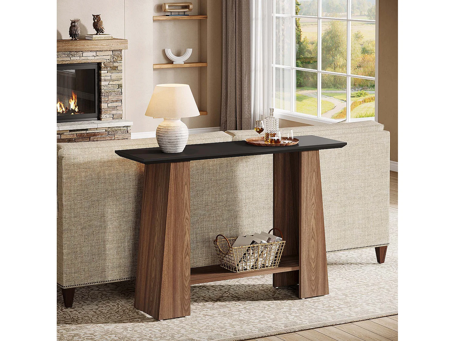 Mesa de consola para entrada, mesa de sofá de madera estrecha moderna de 2 niveles de 120 cm