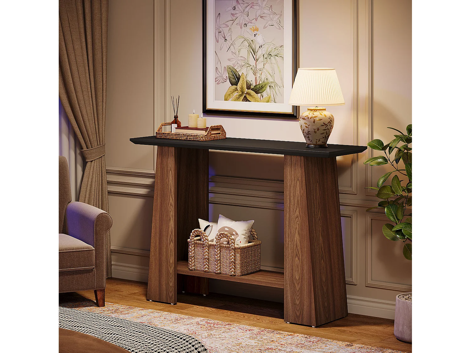 Mesa de consola para entrada, mesa de sofá de madera estrecha moderna de 2 niveles de 120 cm