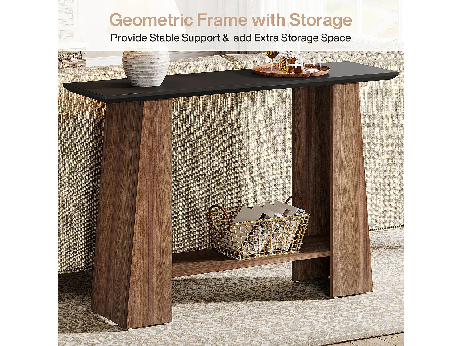 Mesa de consola para entrada, mesa de sofá de madera estrecha moderna de 2 niveles de 120 cm
