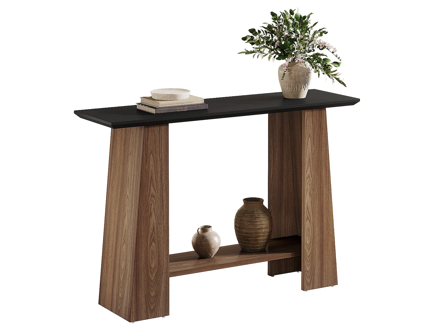Console d'entrée, table basse moderne étroite en bois à 2 niveaux de 120 cm