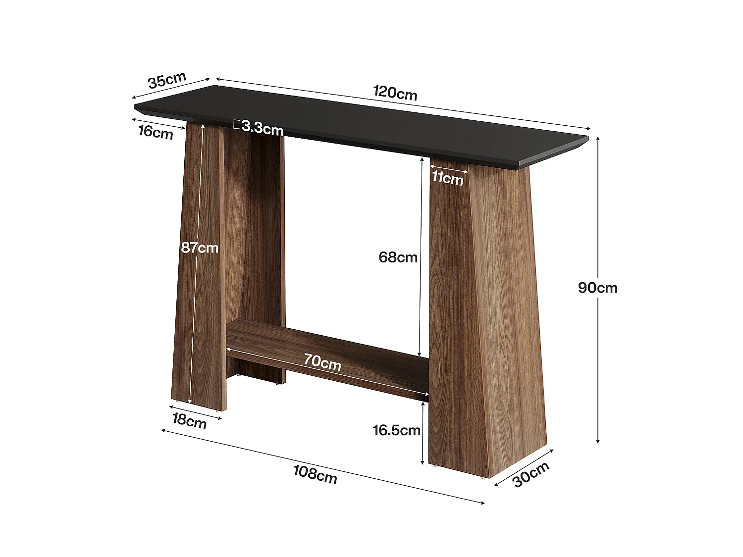 Console d'entrée, table basse moderne étroite en bois à 2 niveaux de 120 cm
