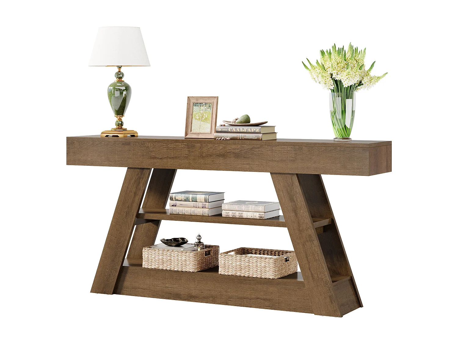 Stolik konsolowy 160 cm z półkami do przechowywania, rustykalny długi stolik kawowy do przedpokoju