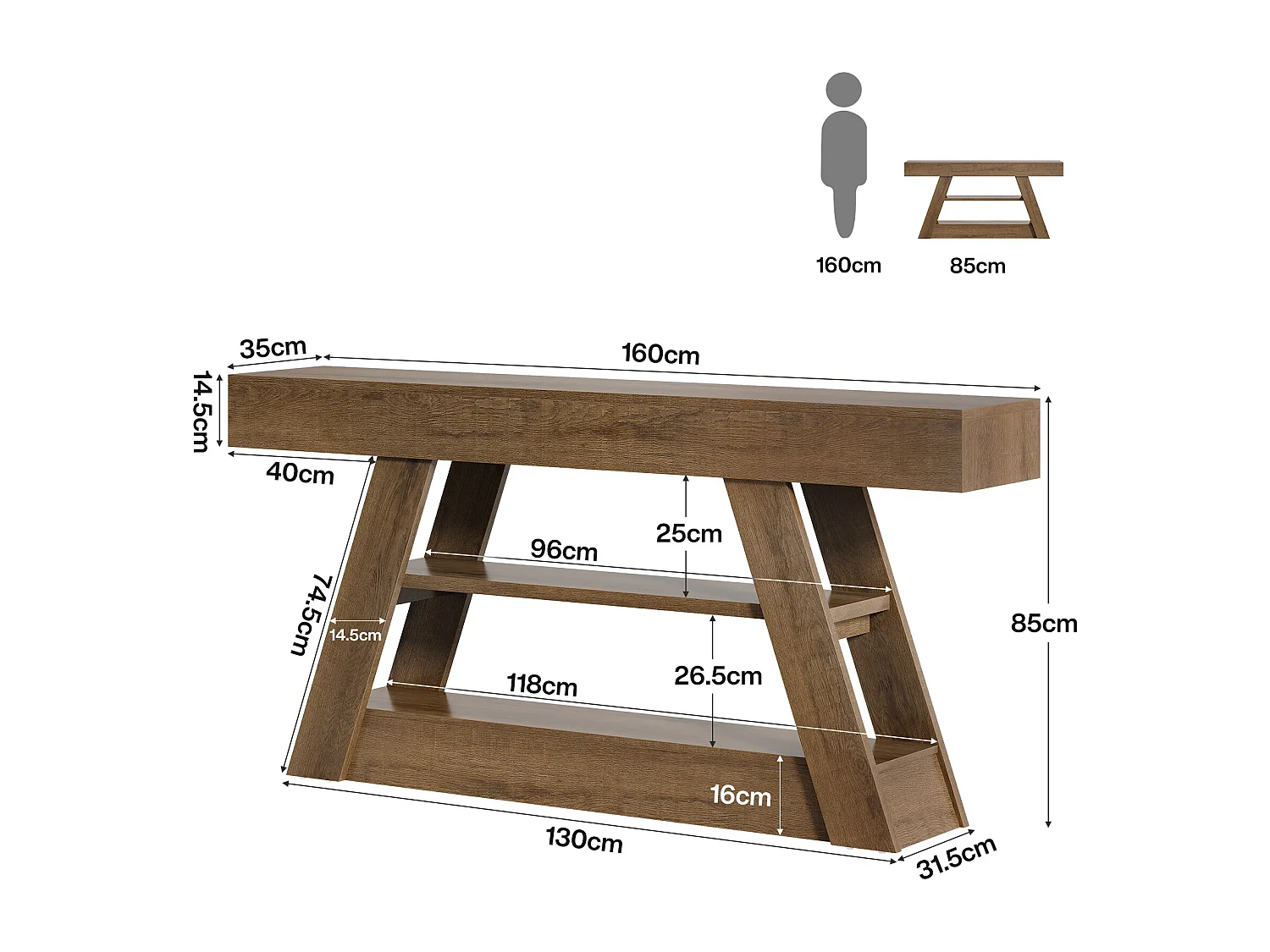 Stolik konsolowy 160 cm z półkami do przechowywania, rustykalny długi stolik kawowy do przedpokoju
