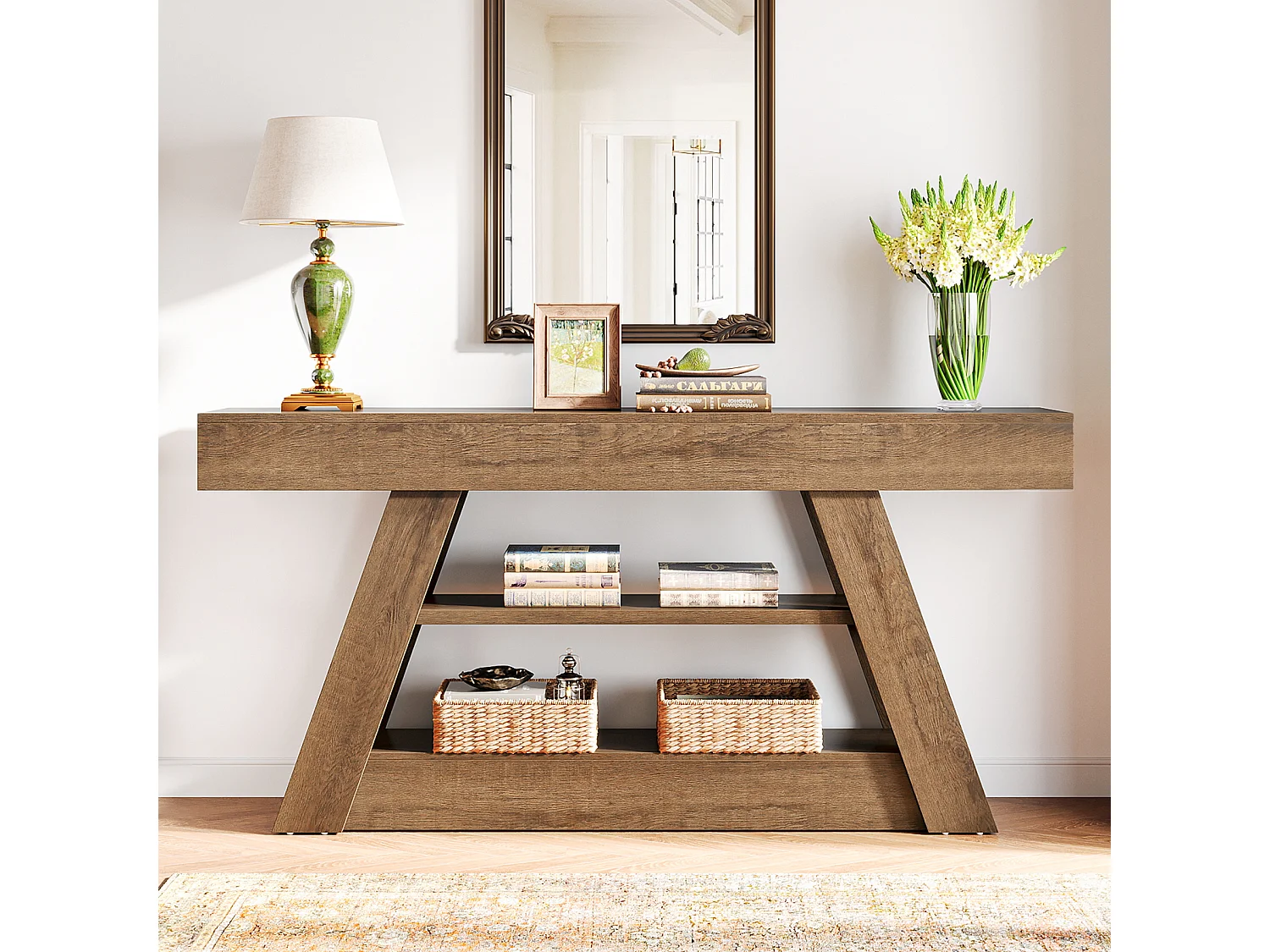 Stolik konsolowy 160 cm z półkami do przechowywania, rustykalny długi stolik kawowy do przedpokoju