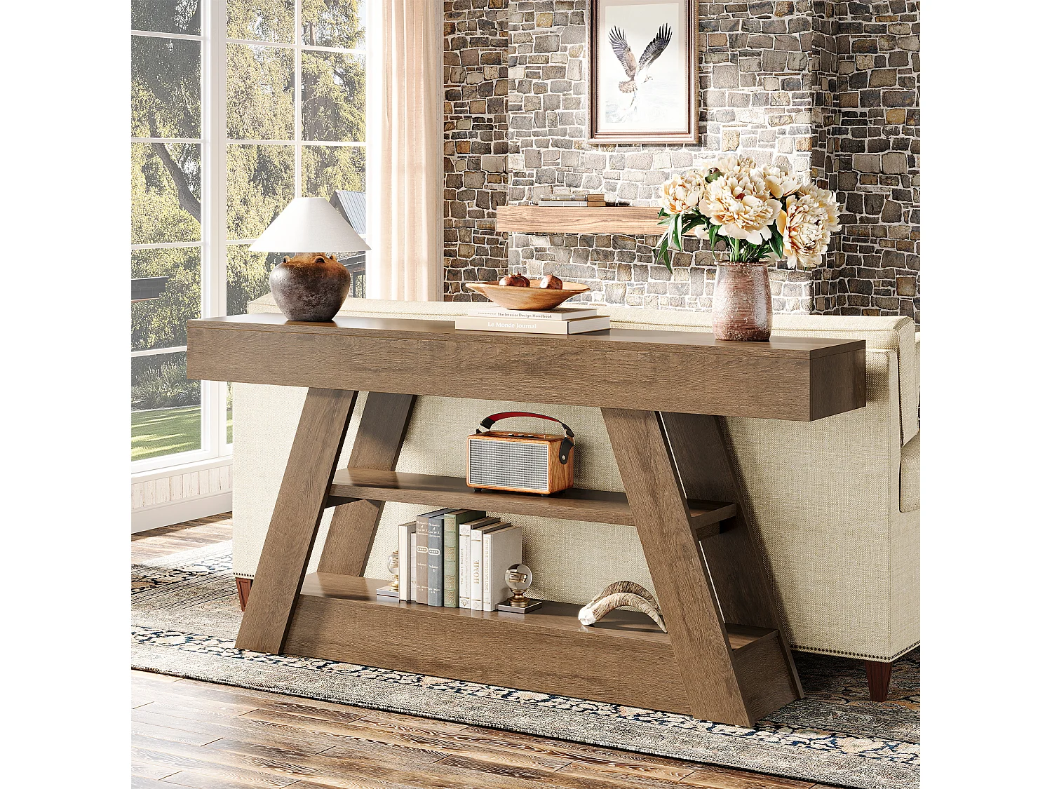 Stolik konsolowy 160 cm z półkami do przechowywania, rustykalny długi stolik kawowy do przedpokoju