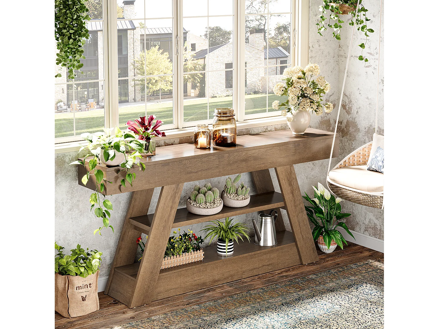 Stolik konsolowy 160 cm z półkami do przechowywania, rustykalny długi stolik kawowy do przedpokoju