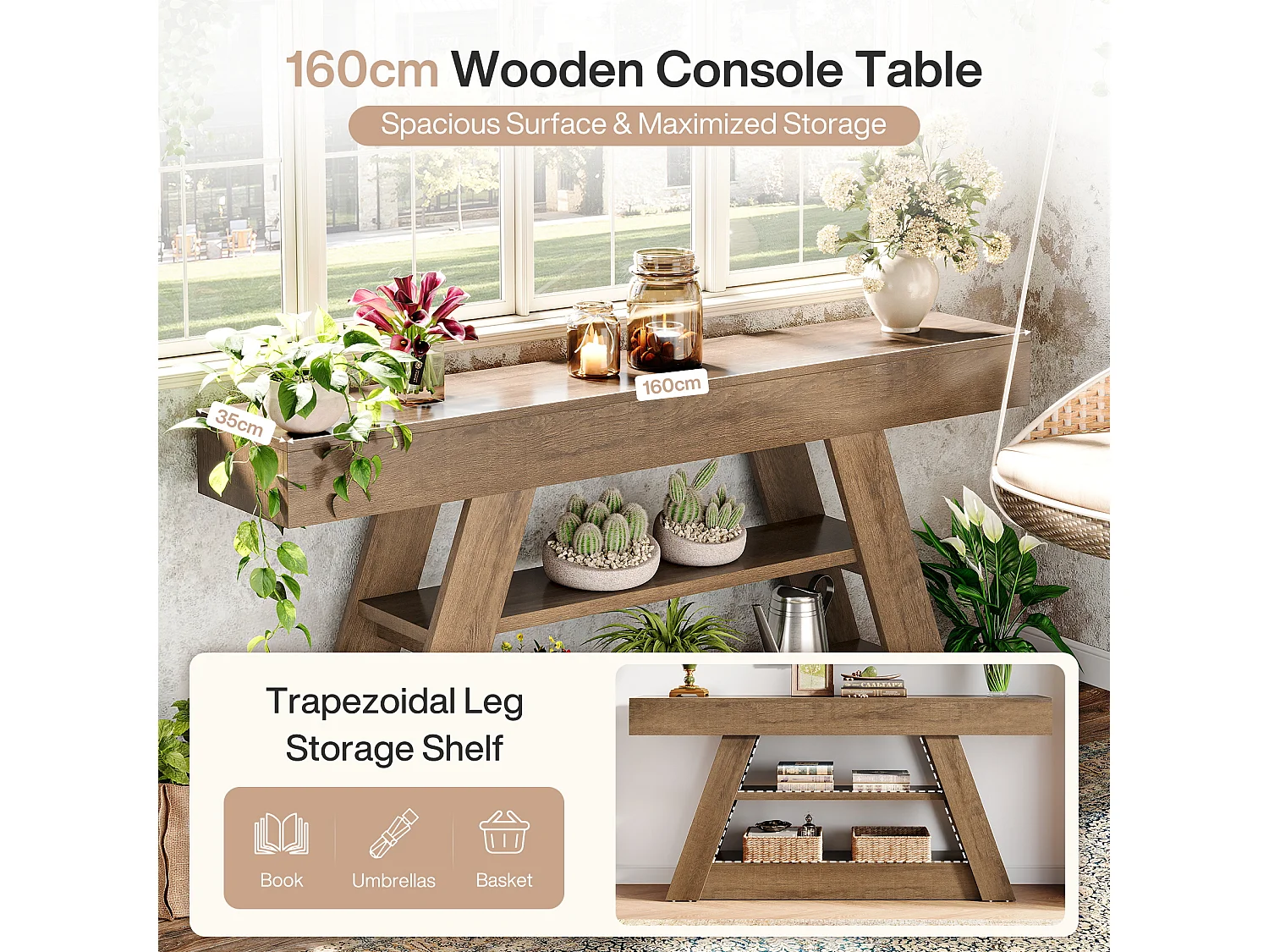 Stolik konsolowy 160 cm z półkami do przechowywania, rustykalny długi stolik kawowy do przedpokoju