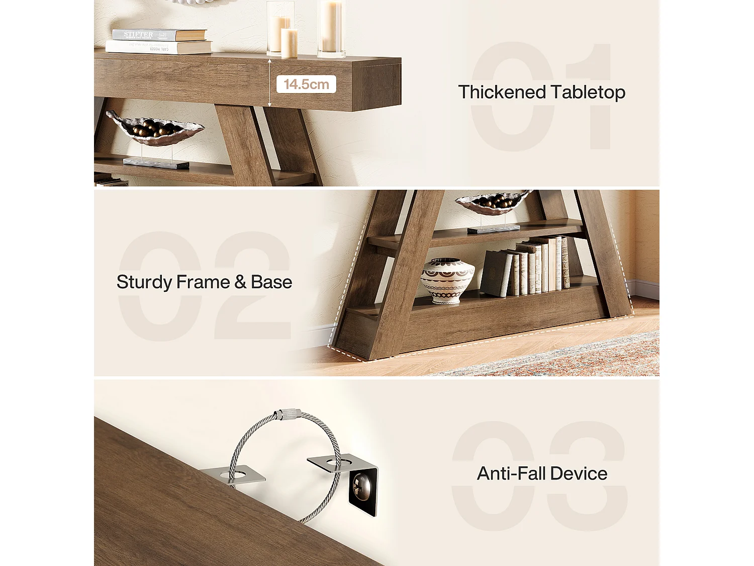 Stolik konsolowy 160 cm z półkami do przechowywania, rustykalny długi stolik kawowy do przedpokoju