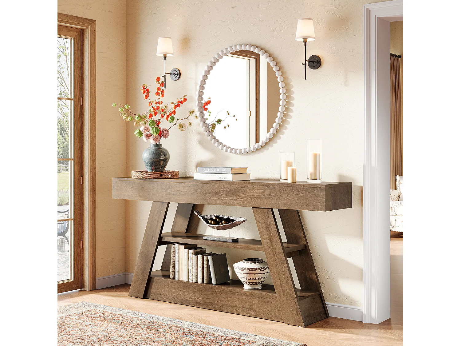 Stolik konsolowy 160 cm z półkami do przechowywania, rustykalny długi stolik kawowy do przedpokoju