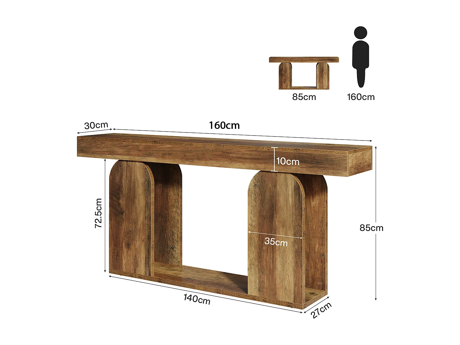 Table console extra-longue de 160 cm, style campagnard, à 2 niveaux