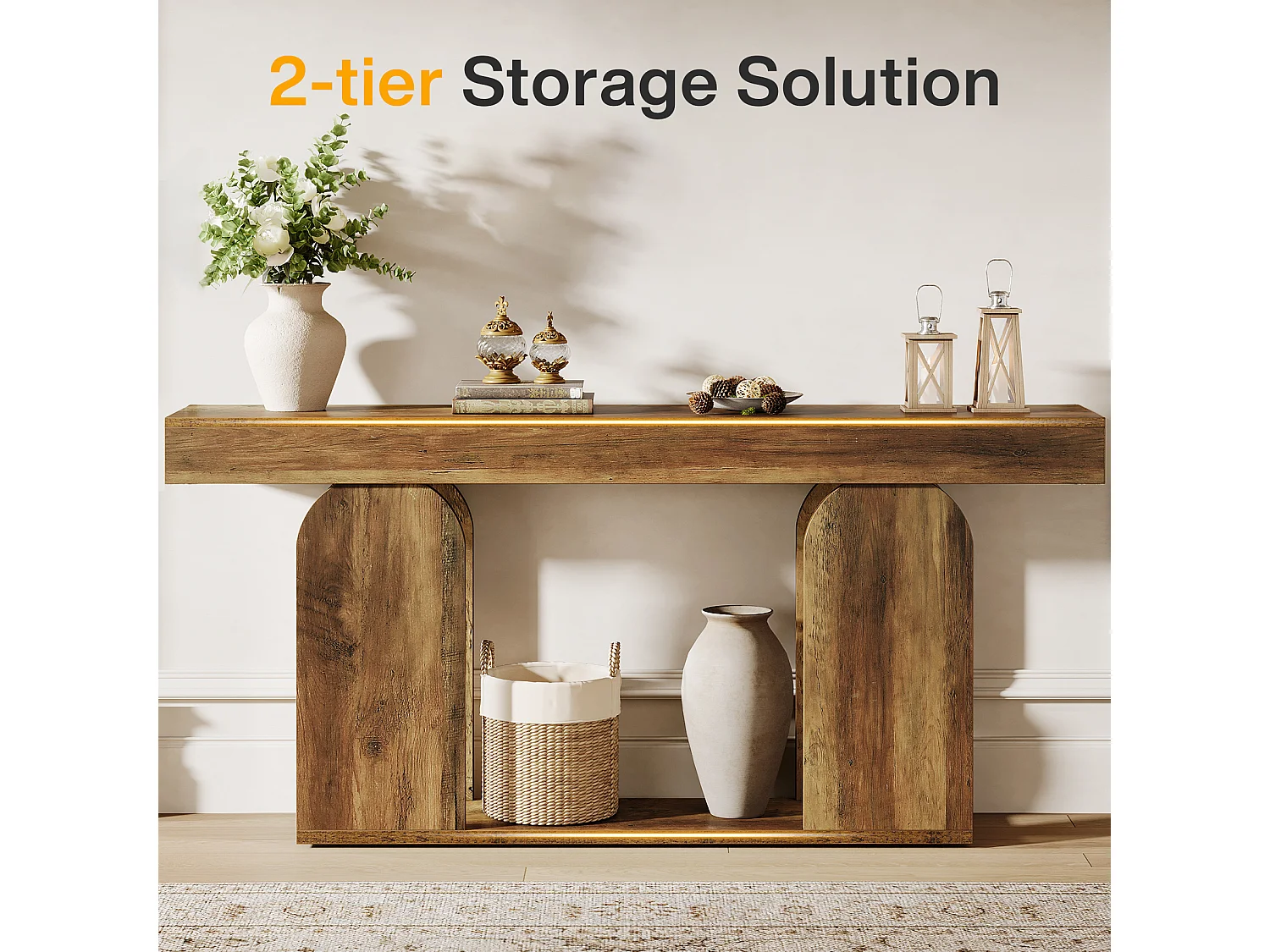 Table console extra-longue de 160 cm, style campagnard, à 2 niveaux