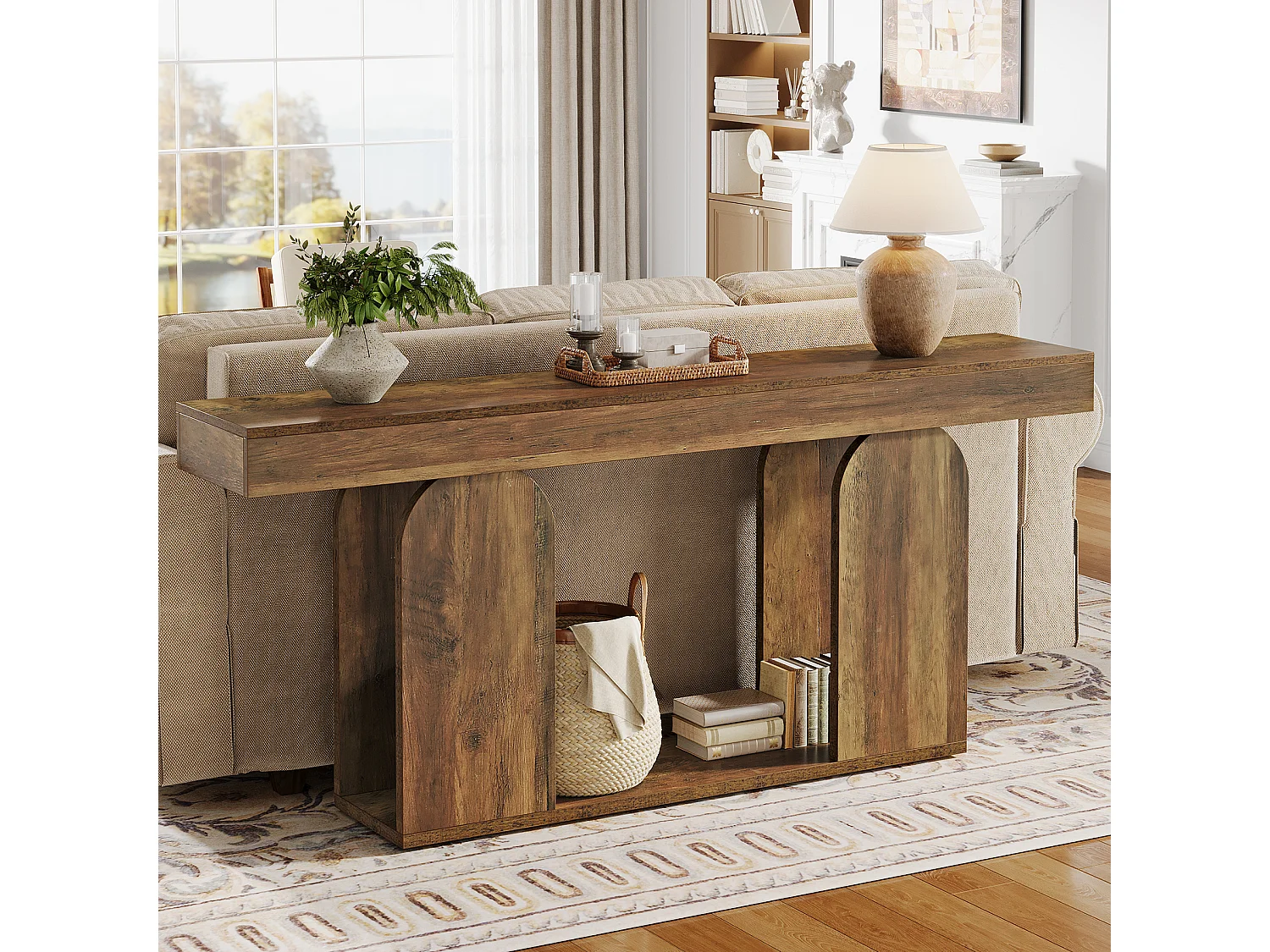 Table console extra-longue de 160 cm, style campagnard, à 2 niveaux