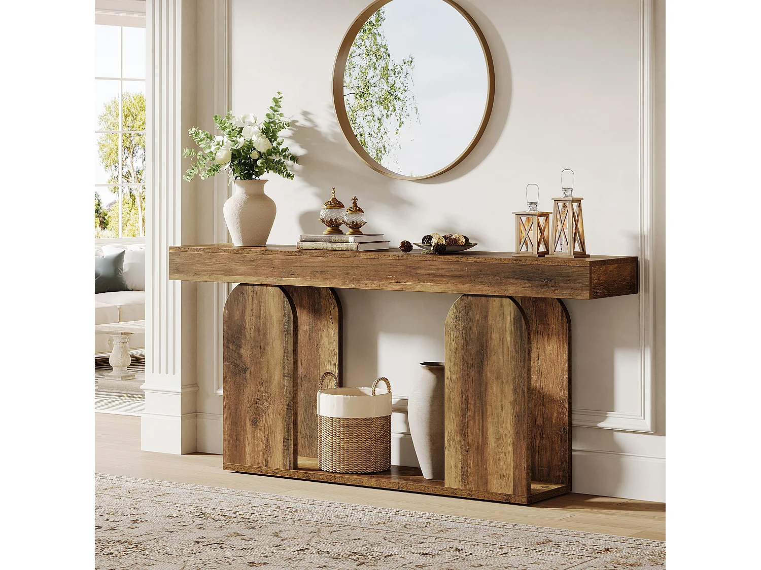 Table console extra-longue de 160 cm, style campagnard, à 2 niveaux