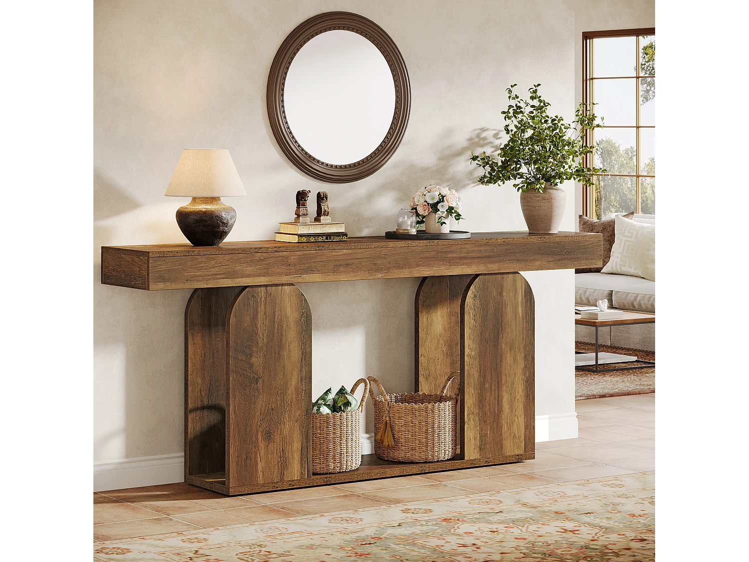 Table console extra-longue de 160 cm, style campagnard, à 2 niveaux