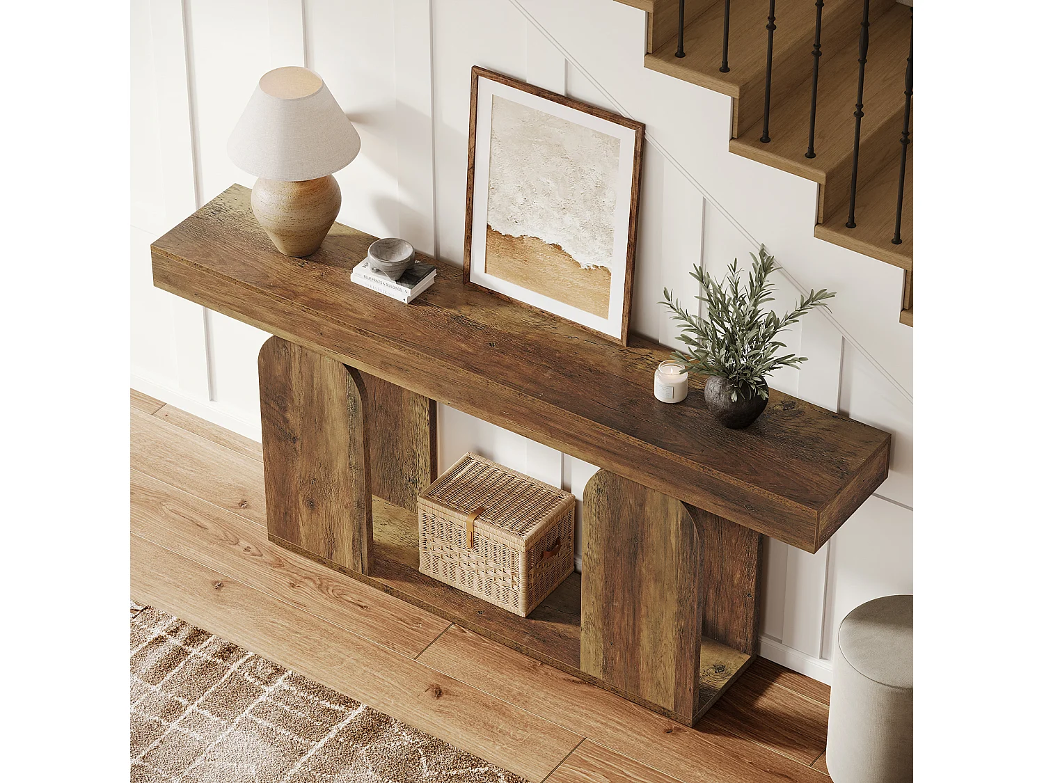 Table console extra-longue de 160 cm, style campagnard, à 2 niveaux