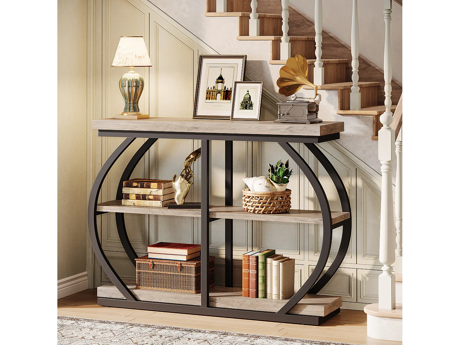 Console 105 cm, table d'entrée industrielle à 3 niveaux avec structure métallique arquée et étagères de rangement