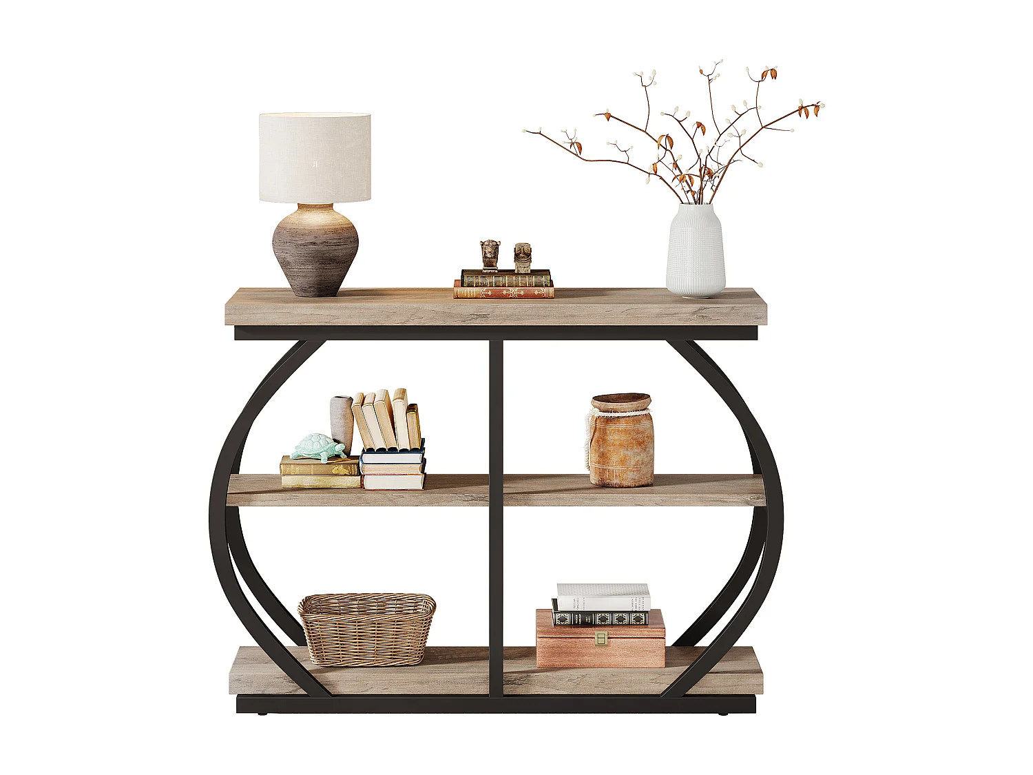 Console 105 cm, table d'entrée industrielle à 3 niveaux avec structure métallique arquée et étagères de rangement