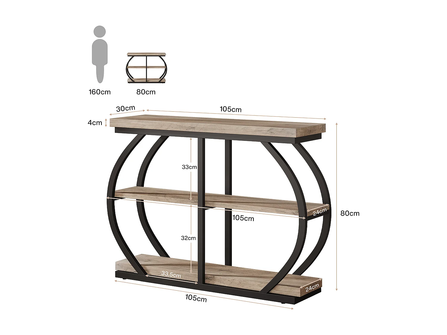 Console 105 cm, table d'entrée industrielle à 3 niveaux avec structure métallique arquée et étagères de rangement