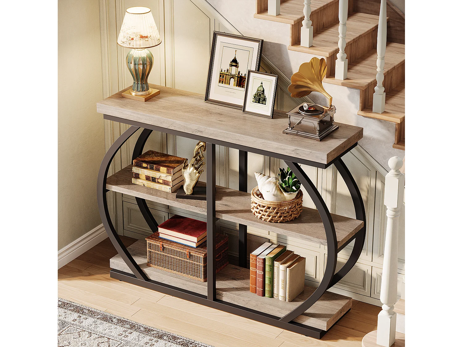 Console 105 cm, table d'entrée industrielle à 3 niveaux avec structure métallique arquée et étagères de rangement