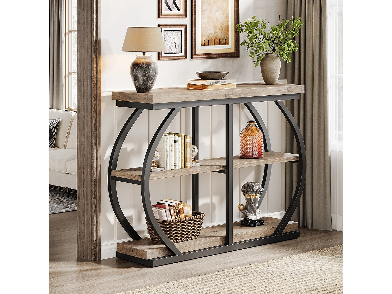 Console 105 cm, table d'entrée industrielle à 3 niveaux avec structure métallique arquée et étagères de rangement