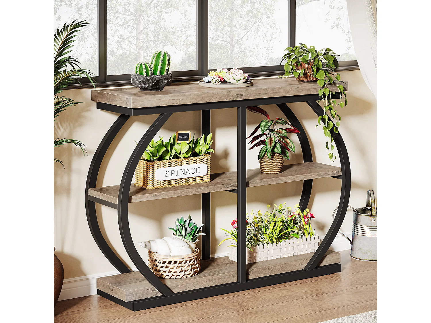 Console 105 cm, table d'entrée industrielle à 3 niveaux avec structure métallique arquée et étagères de rangement