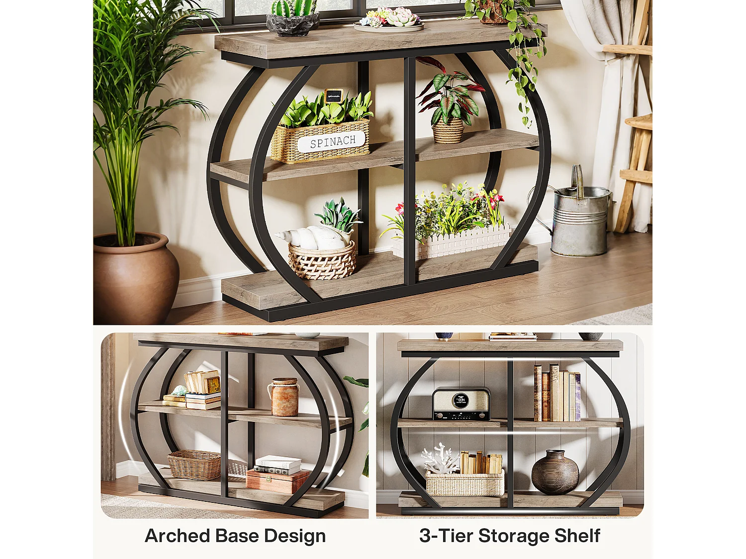 Console 105 cm, table d'entrée industrielle à 3 niveaux avec structure métallique arquée et étagères de rangement