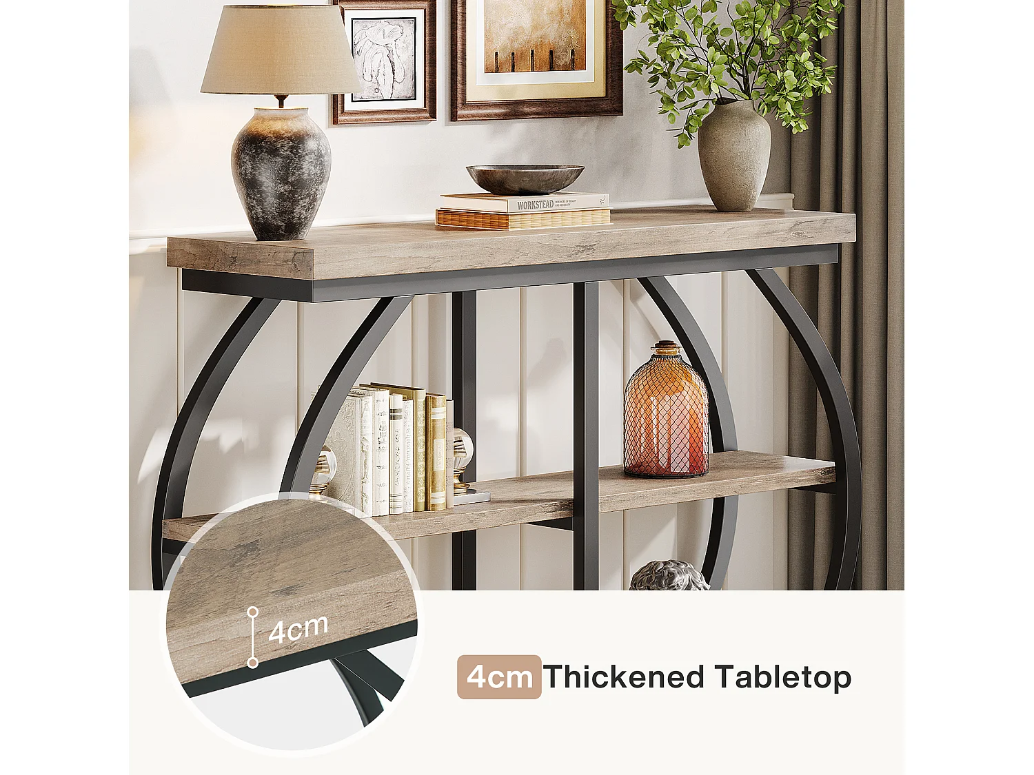 Console 105 cm, table d'entrée industrielle à 3 niveaux avec structure métallique arquée et étagères de rangement