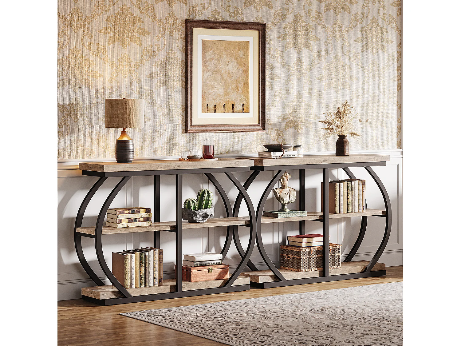 Console 105 cm, table d'entrée industrielle à 3 niveaux avec structure métallique arquée et étagères de rangement