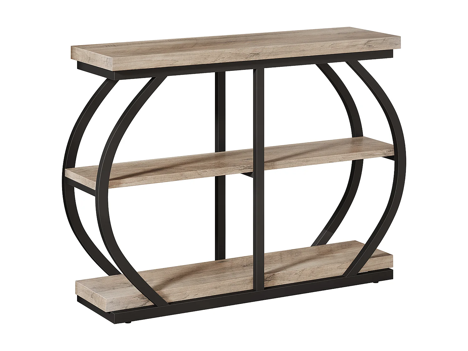 Console 105 cm, table d'entrée industrielle à 3 niveaux avec structure métallique arquée et étagères de rangement