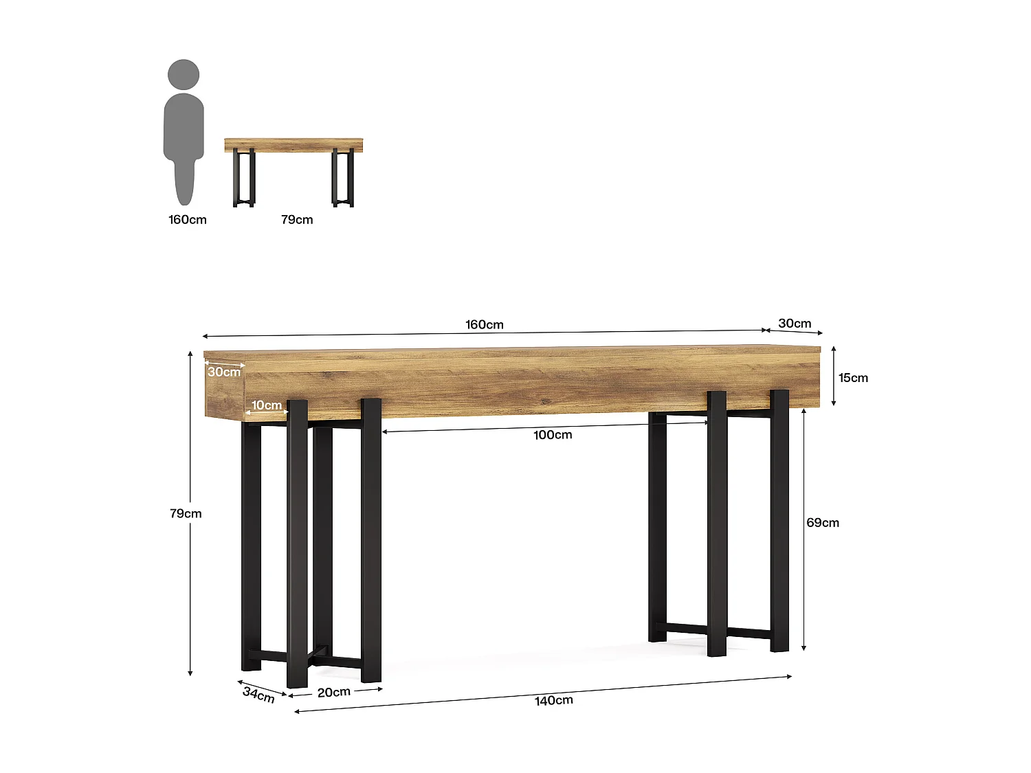 Stolik konsolowy 160 cm do przedpokoju, industrialny stolik za kanapą