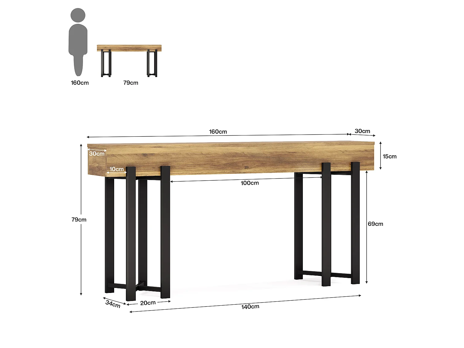 Console de 160 cm pour entrée, style industriel, à placer derrière un canapé