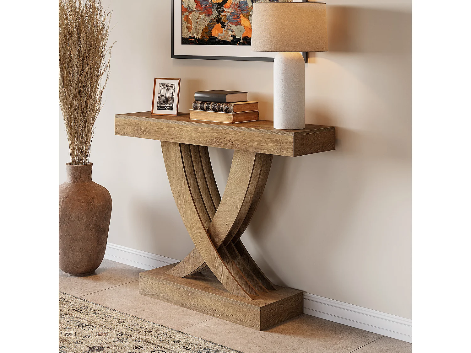 Konsole Tisch 110 cm, Rustikales Braunes Eingangstisch mit X-Frame, Schmaler Flurtisch in MDF