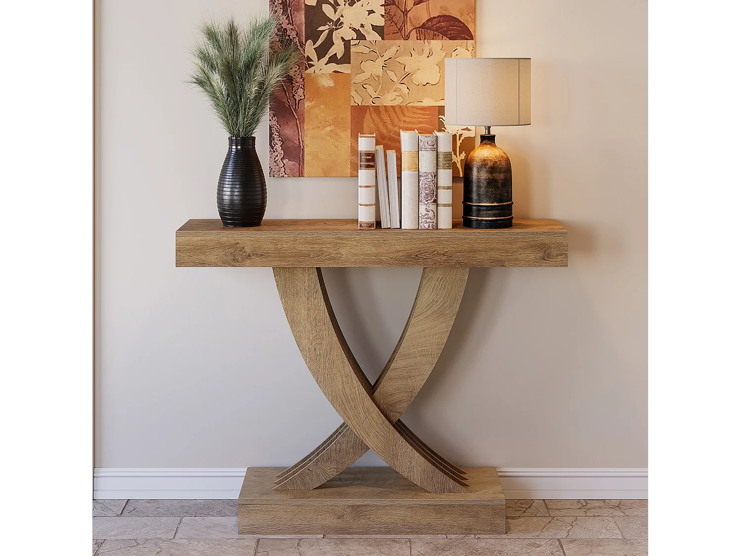 Stolik konsolowy 110 cm, rustykalny brązowy stół wejściowy z ramą w kształcie litery X, wąski stół do przedpokoju z płyty MDF