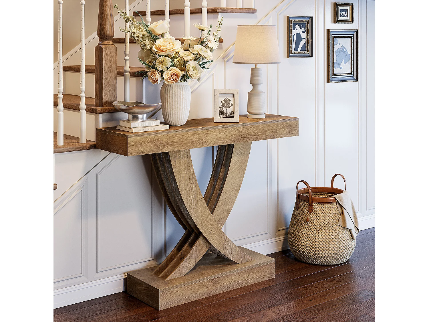 Stolik konsolowy 110 cm, rustykalny brązowy stół wejściowy z ramą w kształcie litery X, wąski stół do przedpokoju z płyty MDF