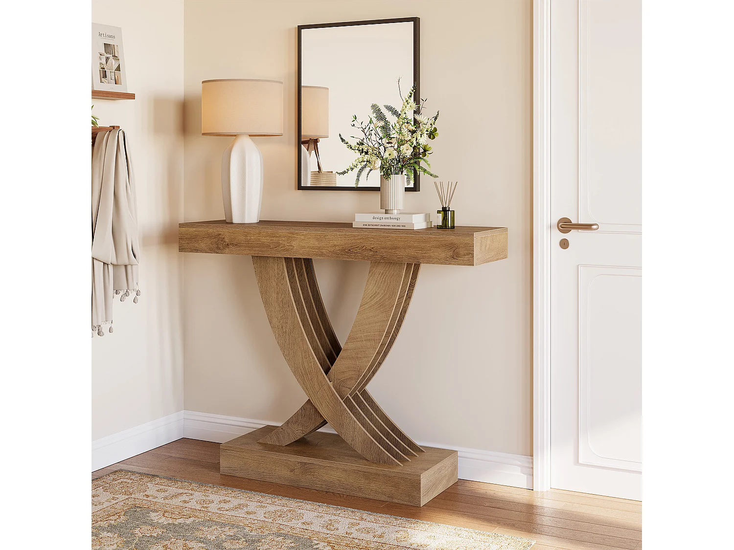 Stolik konsolowy 110 cm, rustykalny brązowy stół wejściowy z ramą w kształcie litery X, wąski stół do przedpokoju z płyty MDF