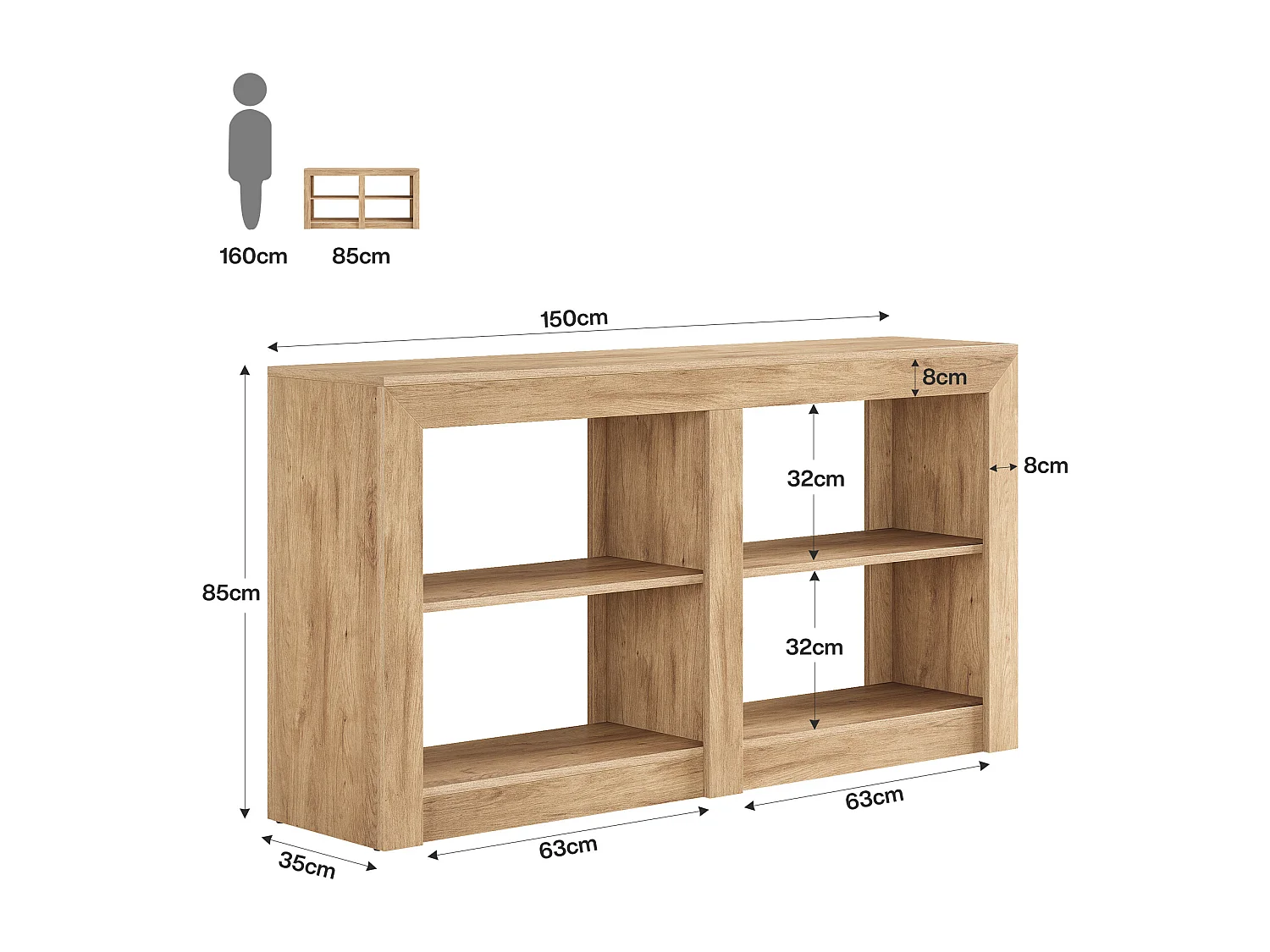 150 cm hohe Eingangstisch mit 2-stufigem Regal, Rechteck-Silhouetten-Design, Sofa-Konsolentisch