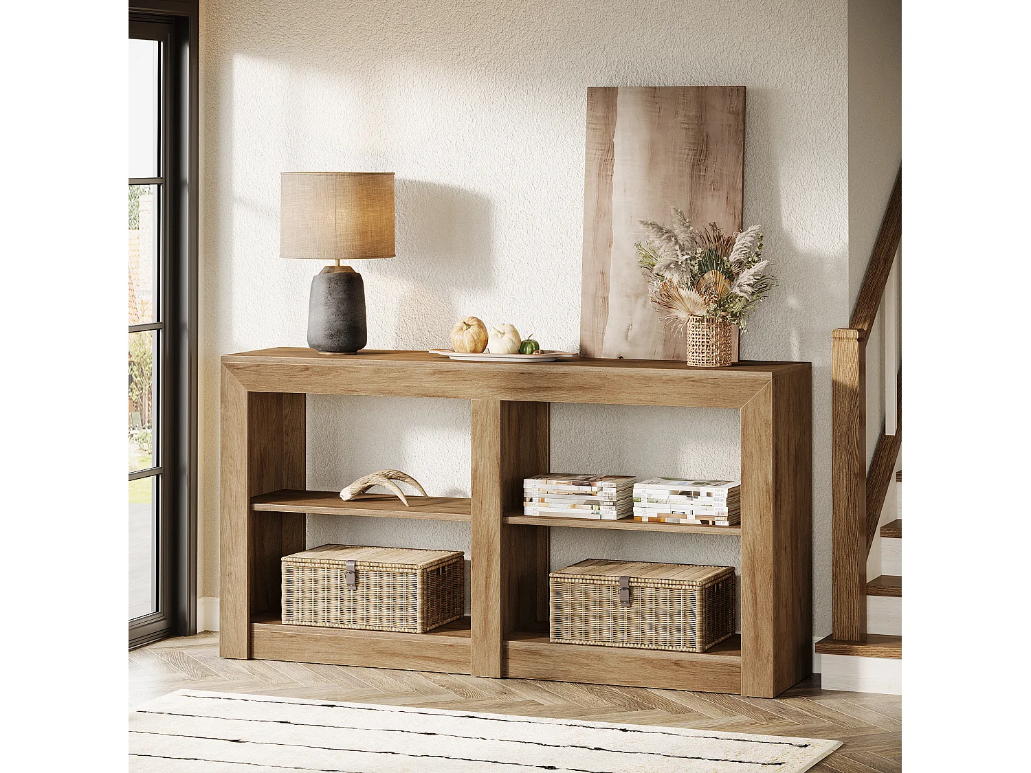 150 cm hohe Eingangstisch mit 2-stufigem Regal, Rechteck-Silhouetten-Design, Sofa-Konsolentisch