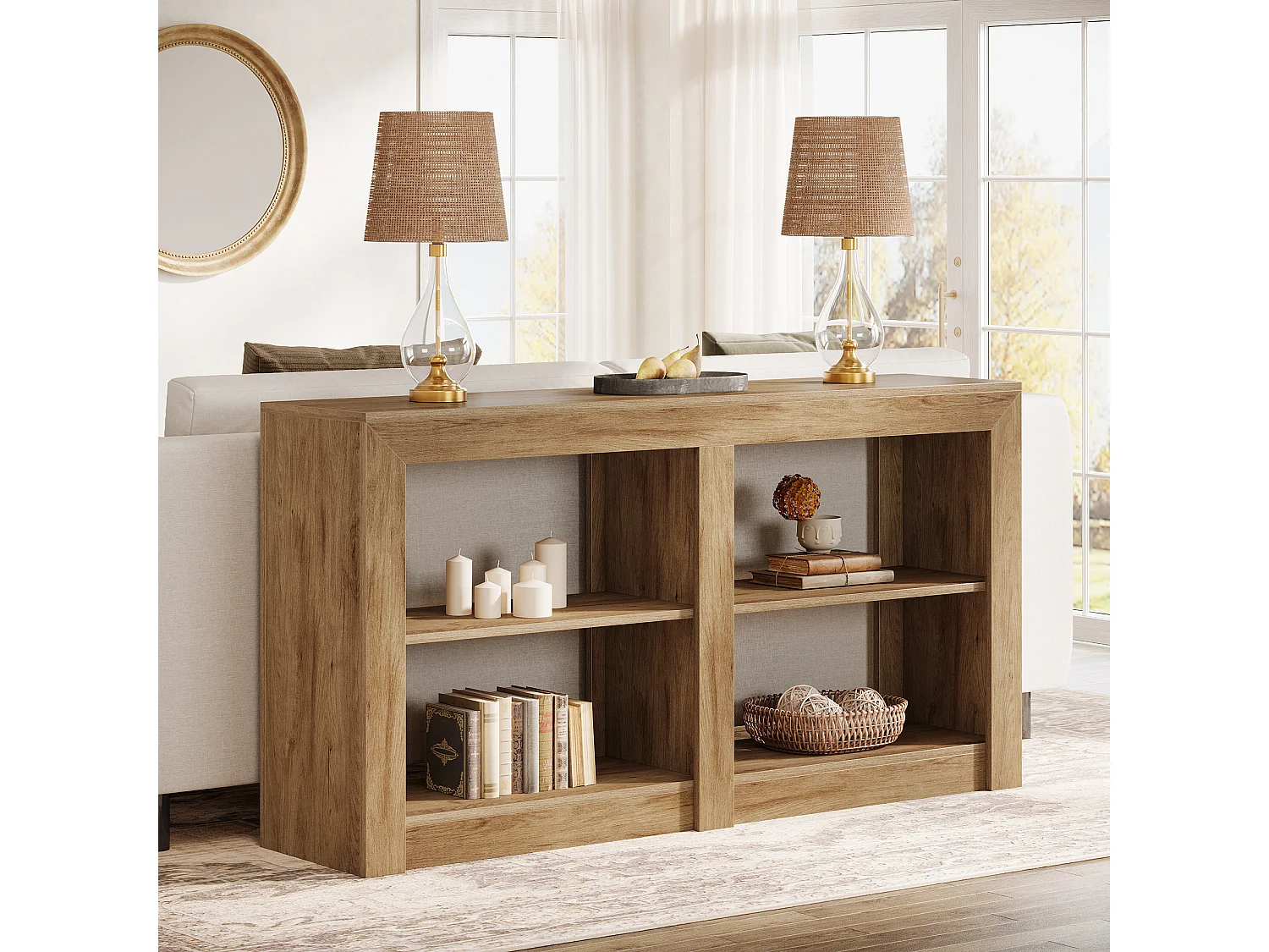 150 cm hohe Eingangstisch mit 2-stufigem Regal, Rechteck-Silhouetten-Design, Sofa-Konsolentisch