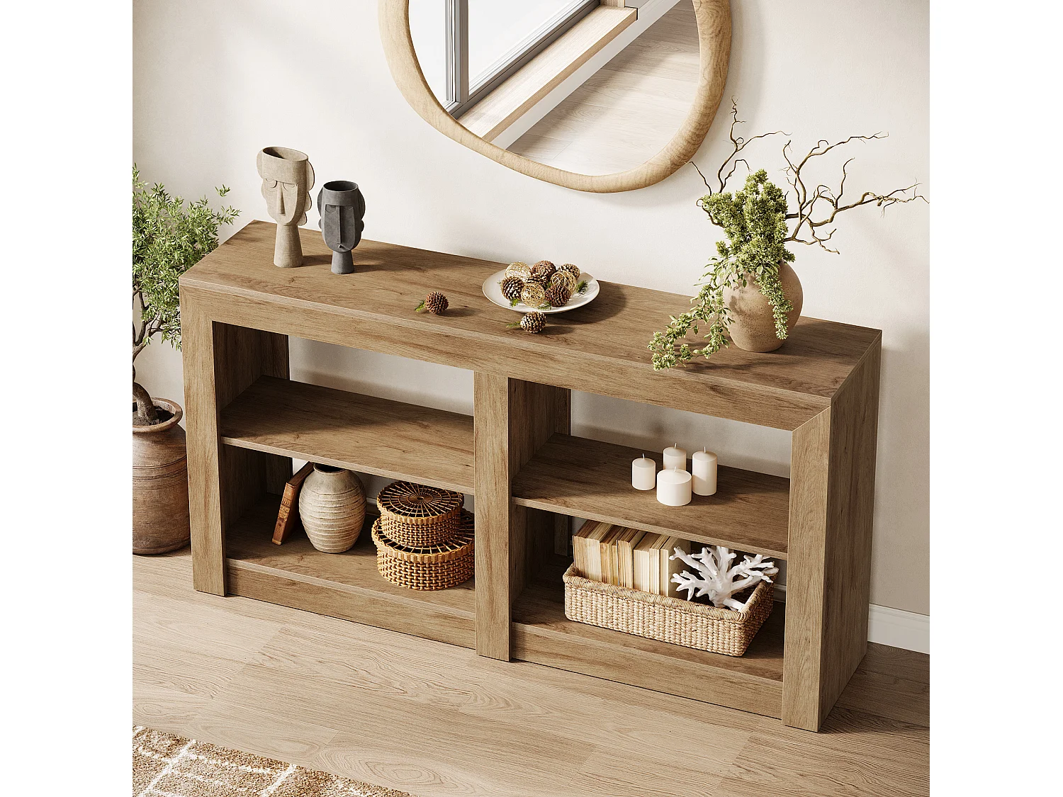 150 cm hohe Eingangstisch mit 2-stufigem Regal, Rechteck-Silhouetten-Design, Sofa-Konsolentisch