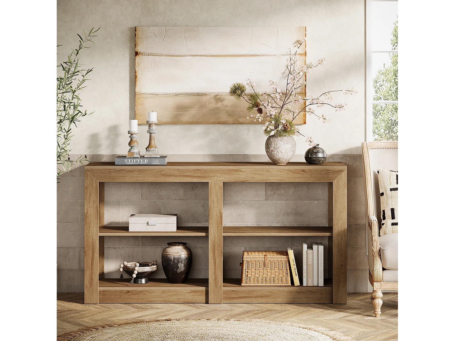 150 cm hohe Eingangstisch mit 2-stufigem Regal, Rechteck-Silhouetten-Design, Sofa-Konsolentisch