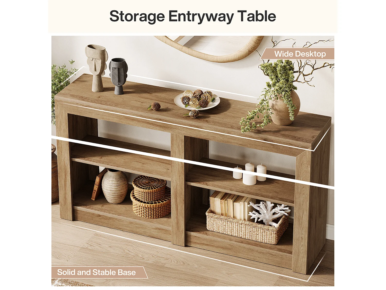 150 cm hohe Eingangstisch mit 2-stufigem Regal, Rechteck-Silhouetten-Design, Sofa-Konsolentisch