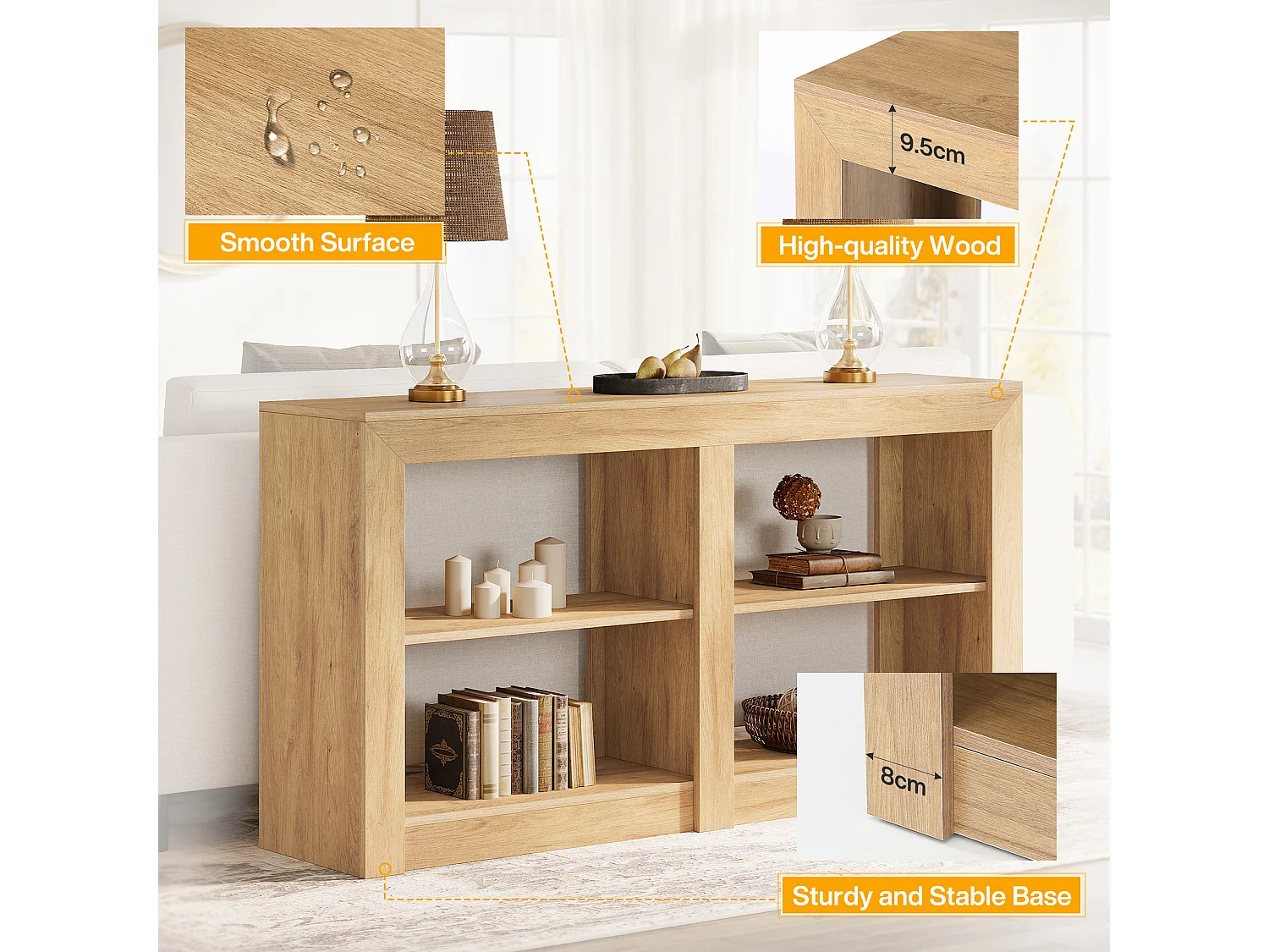 150 cm hohe Eingangstisch mit 2-stufigem Regal, Rechteck-Silhouetten-Design, Sofa-Konsolentisch