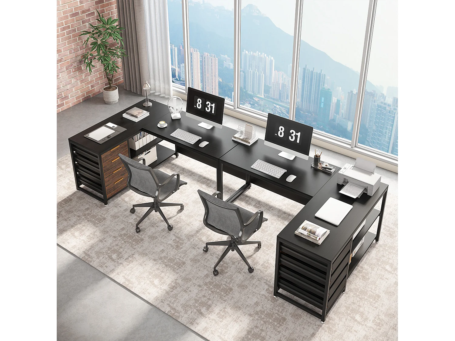 Bureau d'ordinateur en forme de L avec tiroirs de rangement, bureau réversible en forme de L