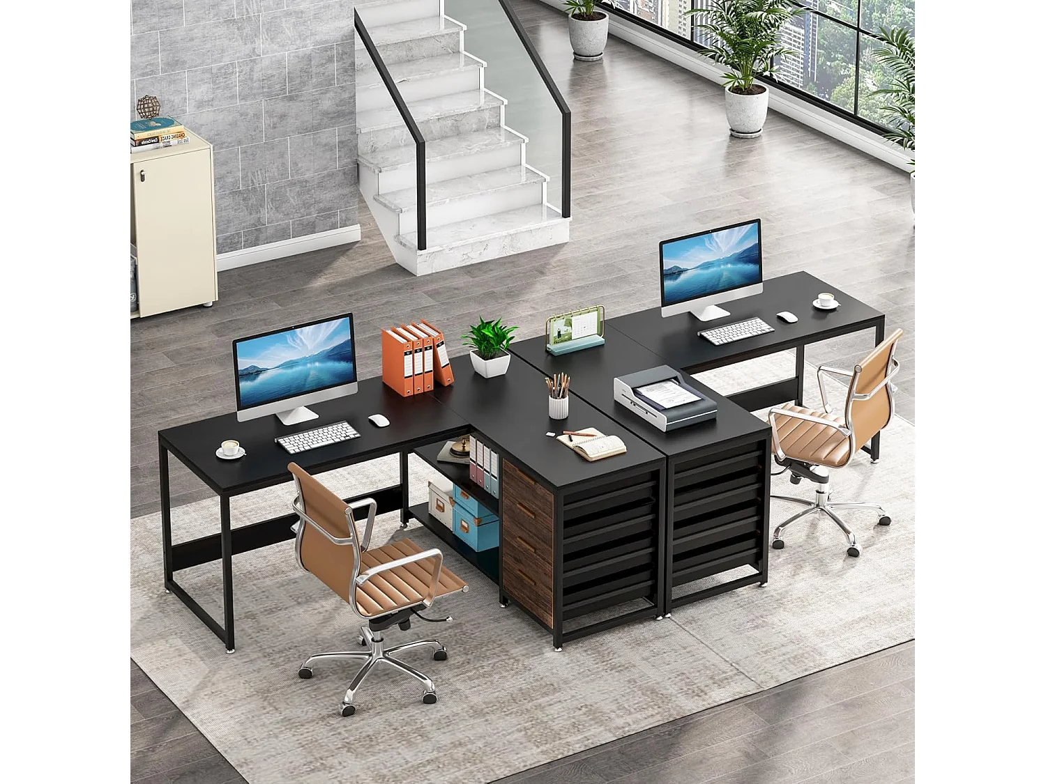 Bureau d'ordinateur en forme de L avec tiroirs de rangement, bureau réversible en forme de L