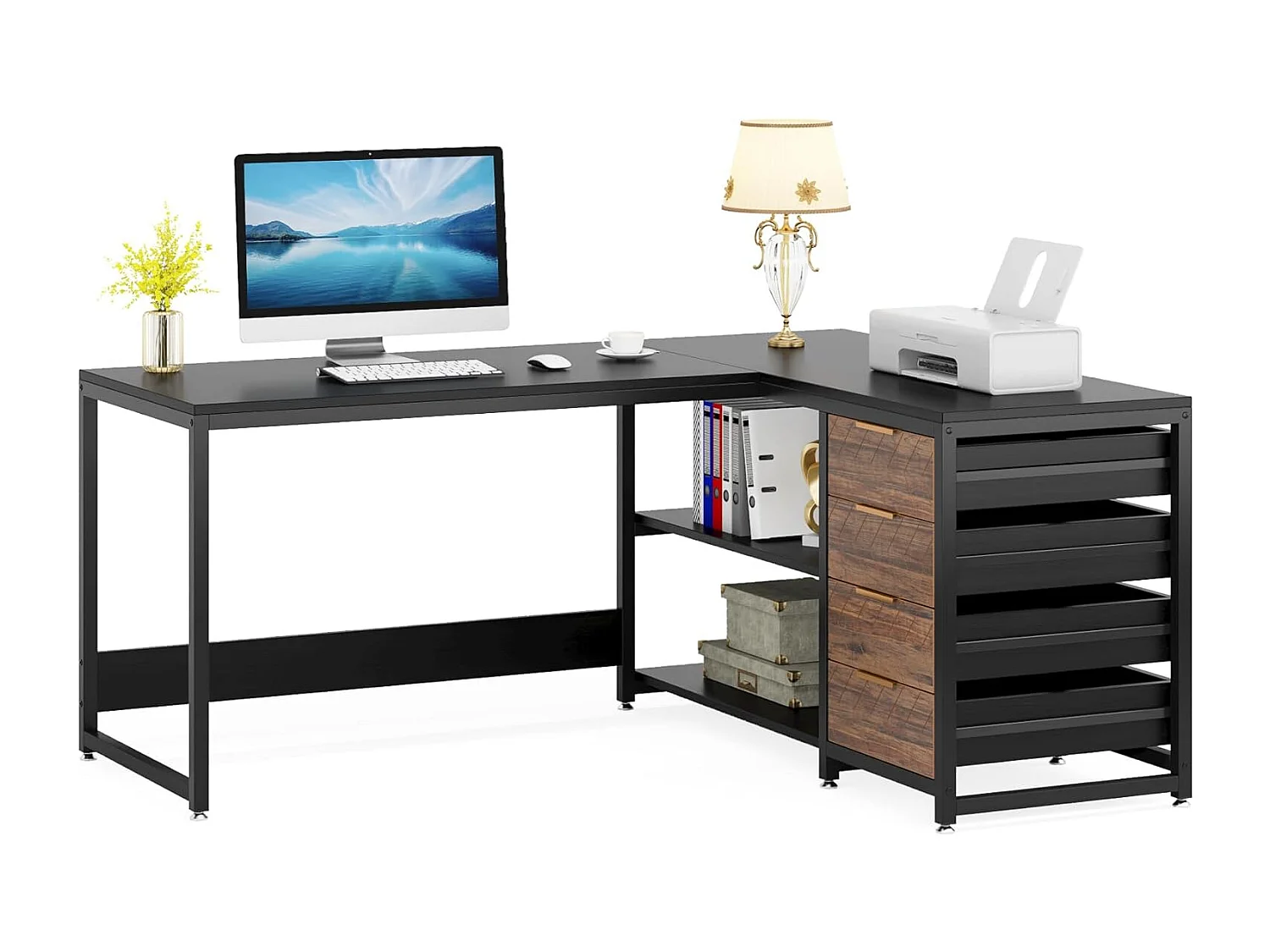 Bureau d'ordinateur en forme de L avec tiroirs de rangement, bureau réversible en forme de L