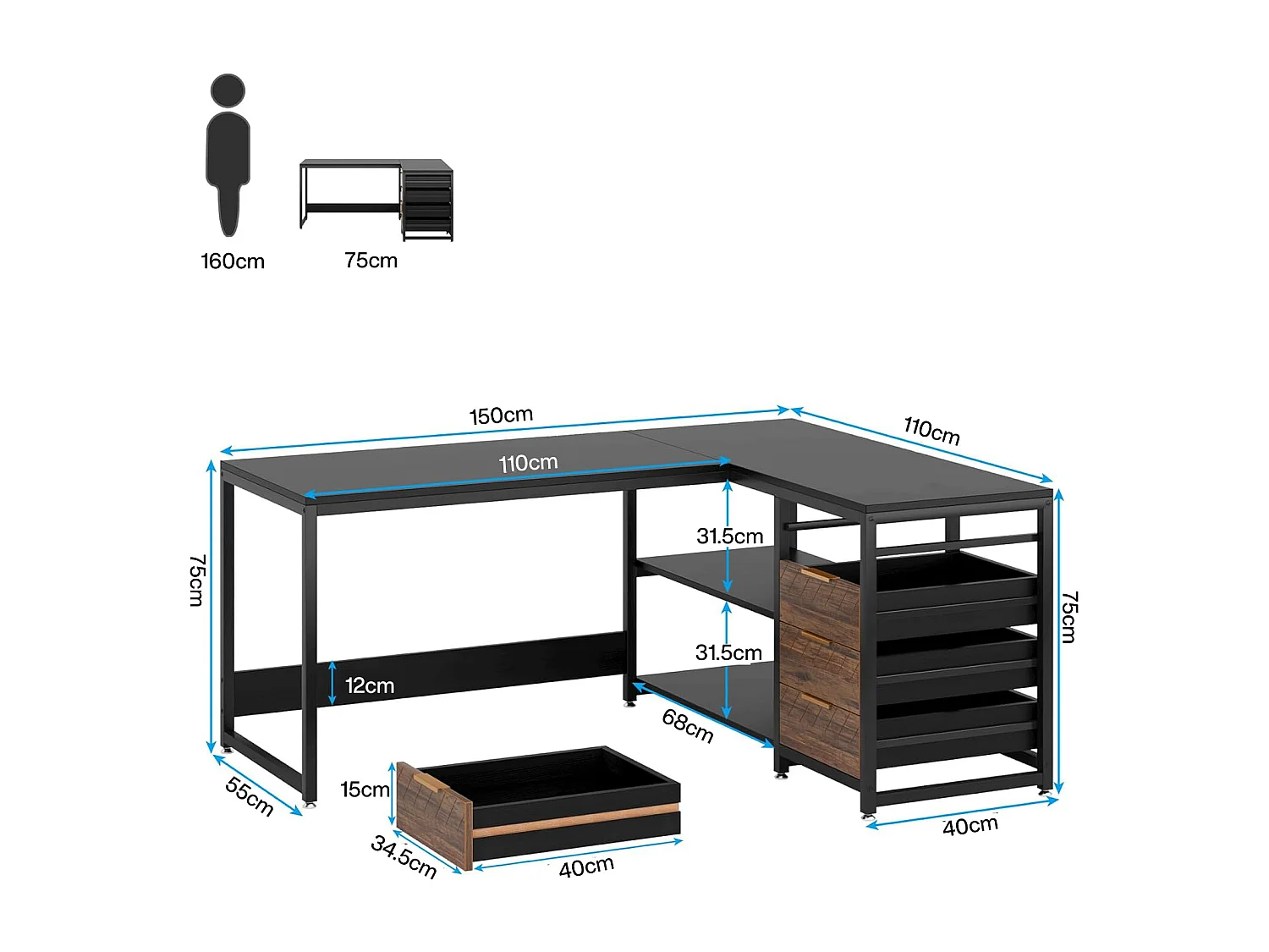Bureau d'ordinateur en forme de L avec tiroirs de rangement, bureau réversible en forme de L