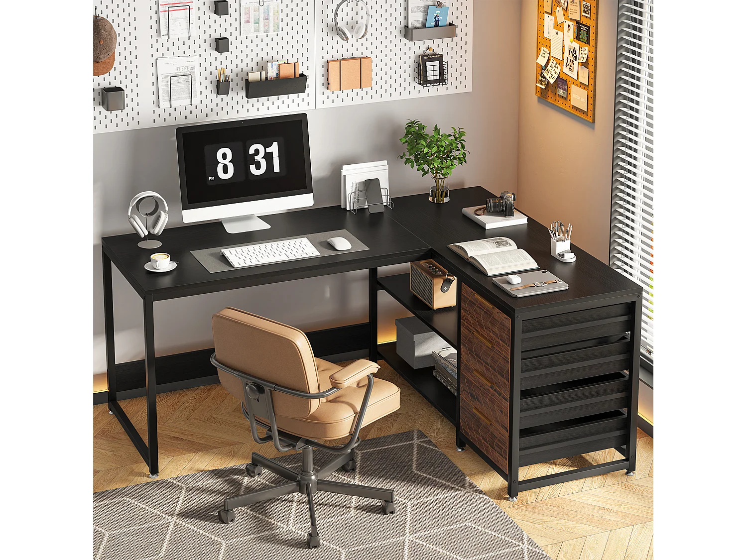 Bureau d'ordinateur en forme de L avec tiroirs de rangement, bureau réversible en forme de L