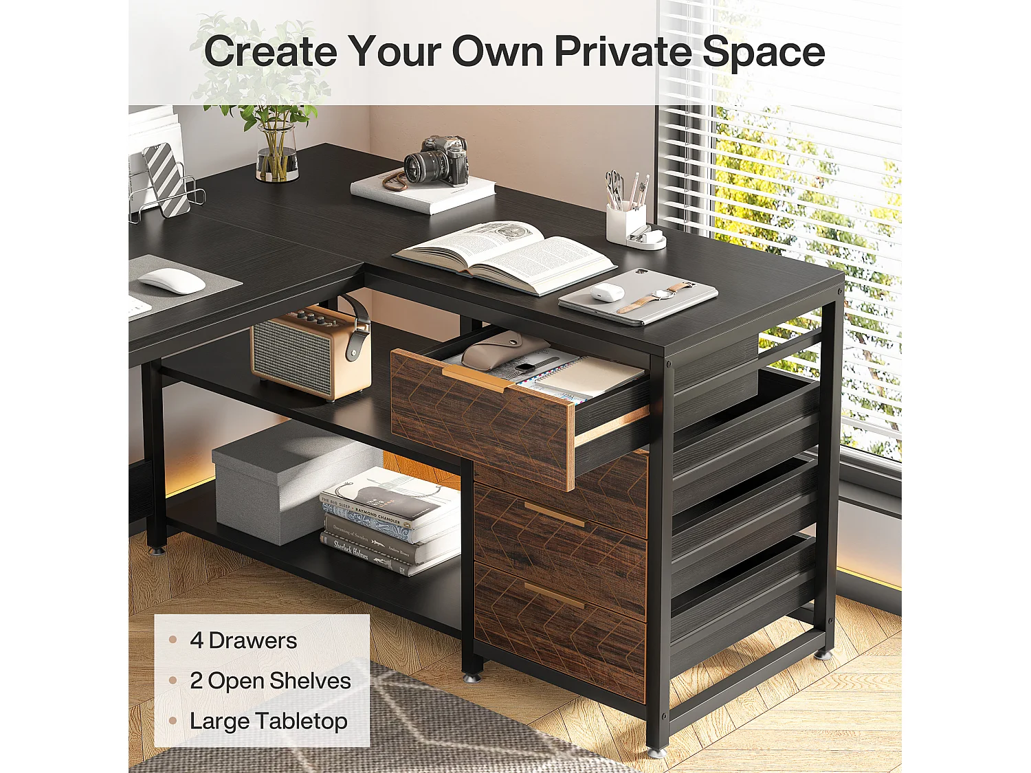 Bureau d'ordinateur en forme de L avec tiroirs de rangement, bureau réversible en forme de L