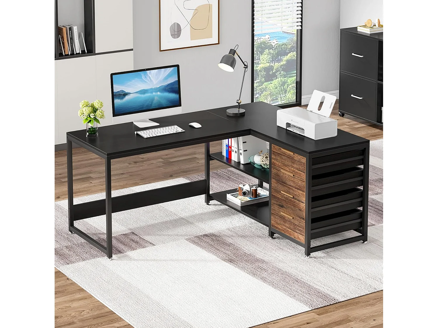Bureau d'ordinateur en forme de L avec tiroirs de rangement, bureau réversible en forme de L